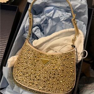 Prada Gold Crystal-Embellished Shoulder Bag with Gold Hardware